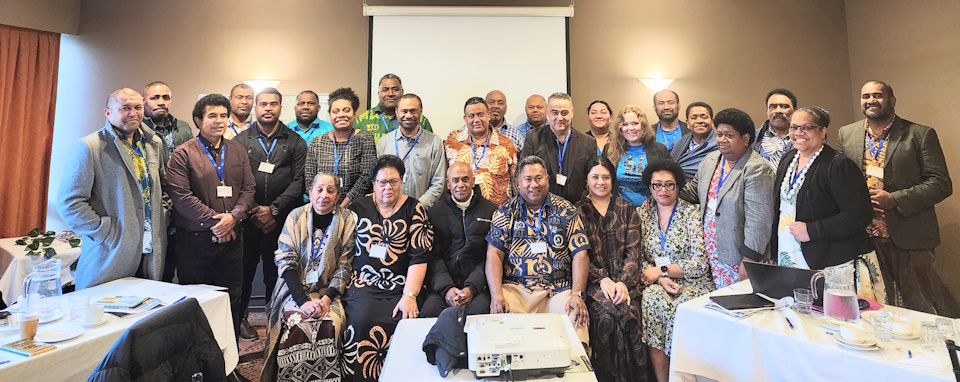 Back row, left to right –Iliesa Navuasere, Pastor Qalo Seniceva, Atama Batisaresare, Seremaia Baleisomosomo, Tikiko Viqasi, Jone Tokasa, Mere Kaukirewa, Tale Tuapati, Ratu Sakiusa Raiviko, Mitieli Saunaqali | Middle row, left to right – Romano Tikotikoca, Willie Kwong, Ravuso Rayasidamu, Sia Nakabea, Akariva Nawai, Epeli Bogitini, Greg Traill, Sarah Tuapati, Litiana Tukuca, Aliti Masitabua, Silvia Tiko | Front row, left to right (sitting) –Matilda Emori, Sala Lealea, Voniani Nawaqavanua, Sai Lealea, Mariah Fagaloa-Time (MSD), Lidia Hanfiro